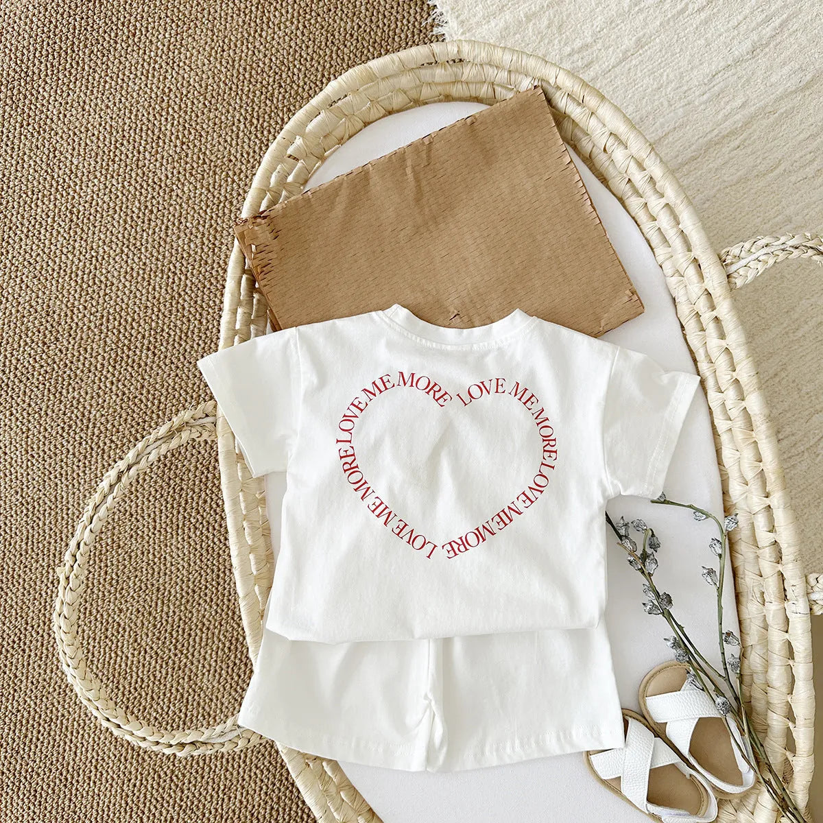 Korean style heart print cotton baby suit two-piece set in pink colour
