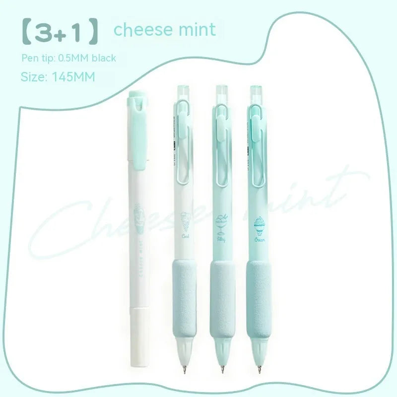Four double-headed highlighter pens with plastic shells and sponge pressers in cheese mint and sea salt ice cup colours.