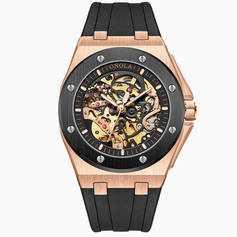 Automatic mechanical watch for men with black shell rose circle dial, silicone strap, and stainless steel buckle, 48mm diameter