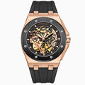 Automatic mechanical watch for men with black shell rose circle dial, silicone strap, and stainless steel buckle, 48mm diameter