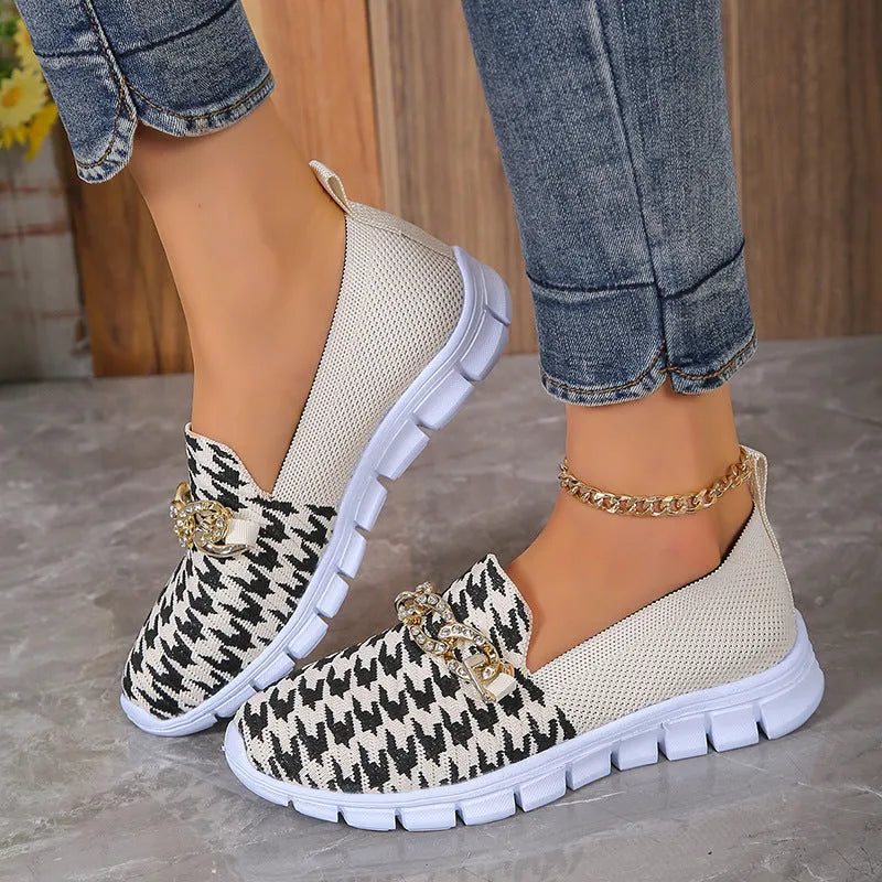 Casual houndstooth print chain mesh shoes for women, breathable round toe loafers with platform heel, rubber sole - orange red and white colours