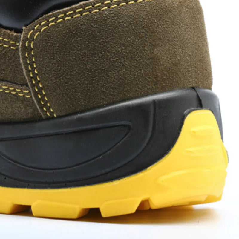 Bronze cow suede steel toe safety shoes showing low-cut design and non-slip sole pattern