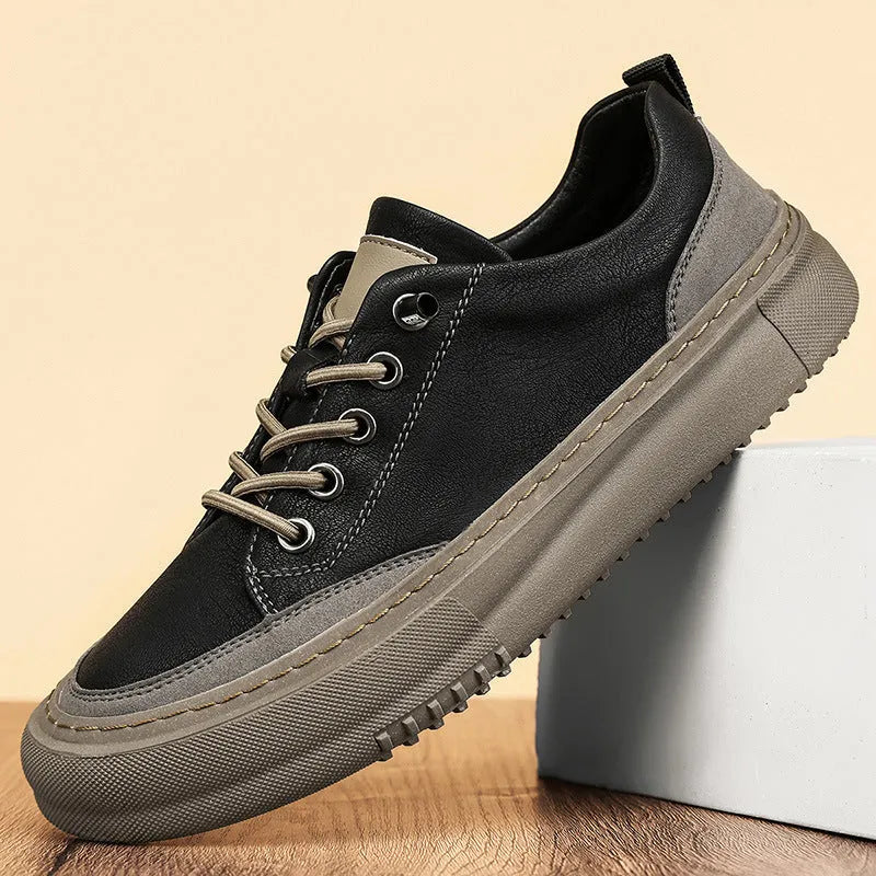 British round toe men's microfiber leather lace-up shoes in black, showing sewing line detail and rubber sole.