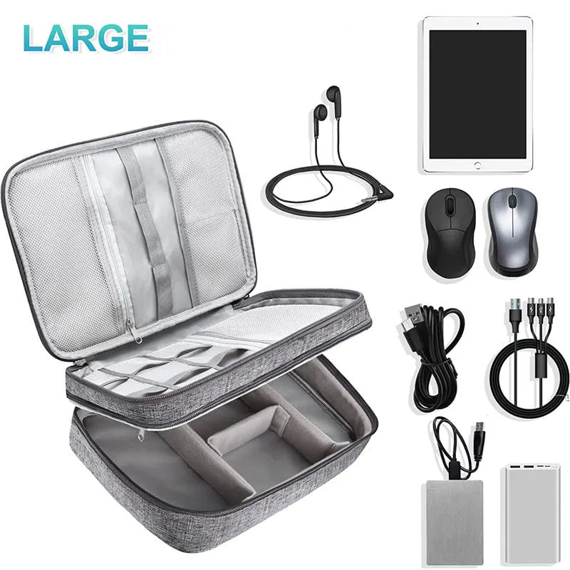 Grey waterproof electronics organiser bag with double-layer interior, handle, and zipper closure