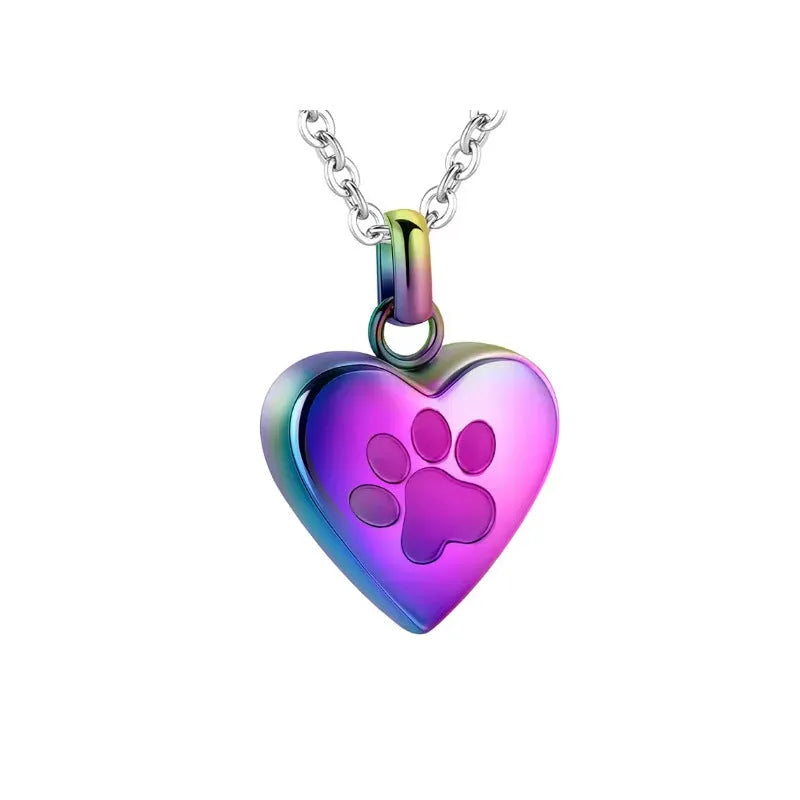 Simple titanium steel heart-shaped necklace with paw print and openable casket pendant.