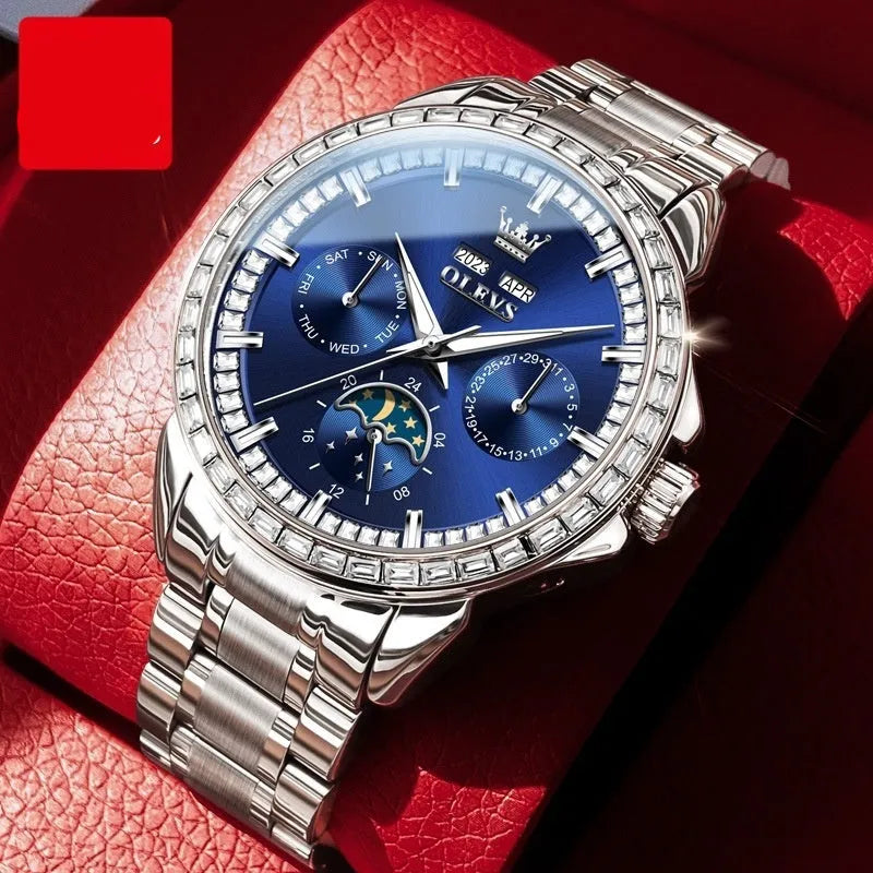 Men's stainless steel automatic watch with blue dial and exhibition caseback showing mechanical movement