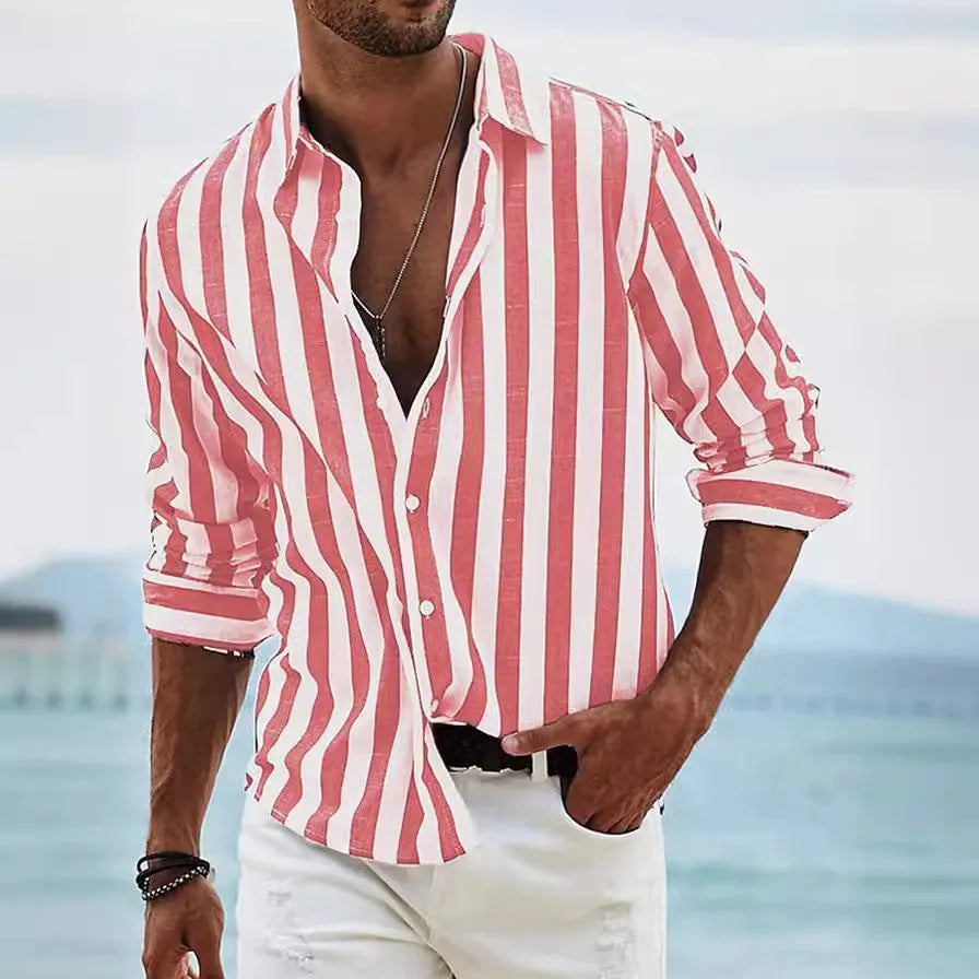 Man wearing a loose-fit yarn-dyed striped long-sleeved casual shirt in light grey.