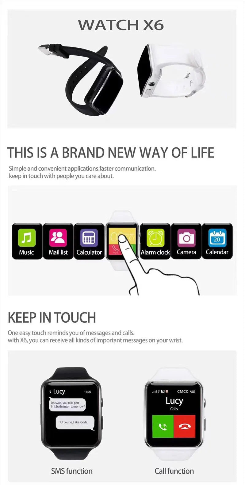 Black smart watch with 1.54 inch touch screen and silicone strap on wrist