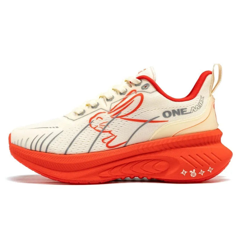 Low-top running sneakers in red with shock absorption features and a breathable mesh upper.