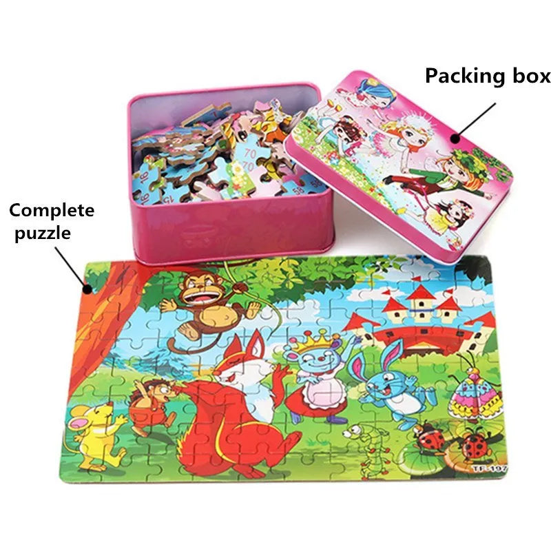 Wooden jigsaw puzzle with 80 pieces for children, featuring animal and school themes in an iron box.