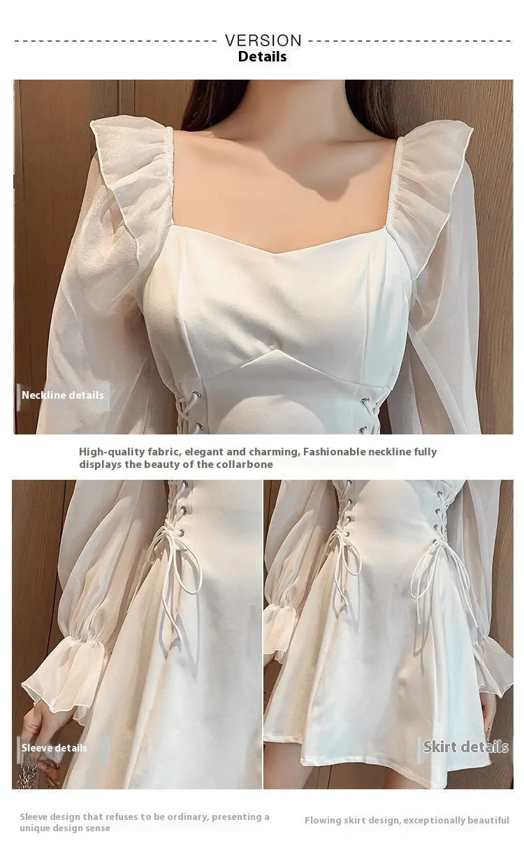 Women's white chiffon patchwork dress with waist-slimming design and long sleeves