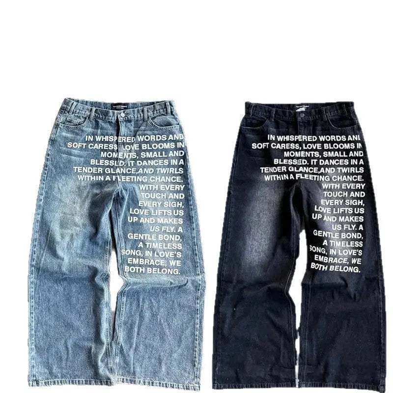 Men's black and blue loose wide-leg straight trousers with elastic waistband