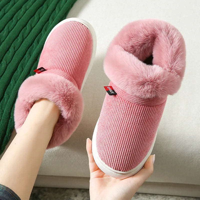 Winter plush corduroy house slippers for men and women warm fleece lined slip on shoes in coffee colour