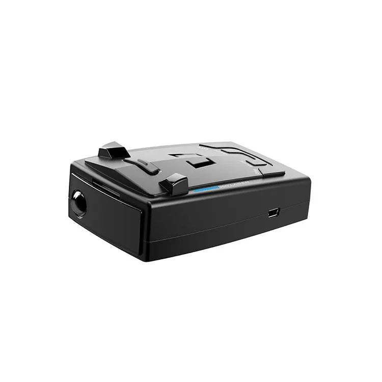 Compact black laser velocimeter for car speed measurement with 12V power input.