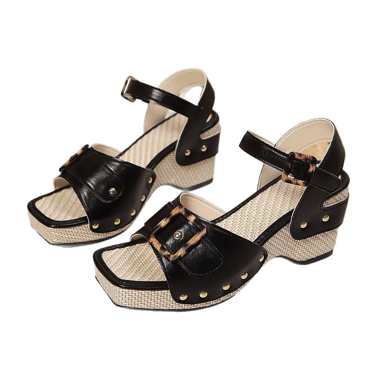 Women's black chunky heel sandals with metal buckle and square toe design