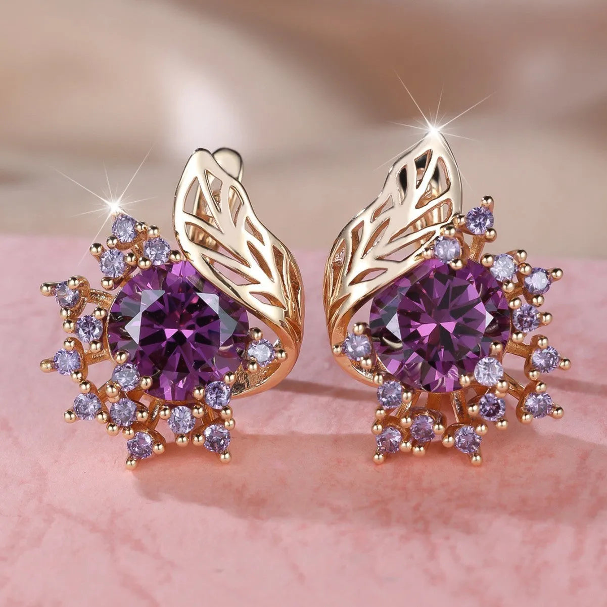 Rose gold round flower feather earrings with a choice of coloured zircon stones.
