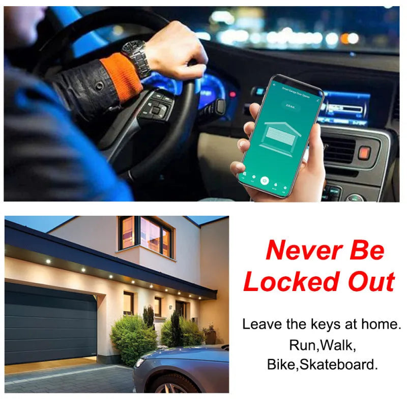 Black plastic WiFi garage door controller with mounting accessories for smart home automation