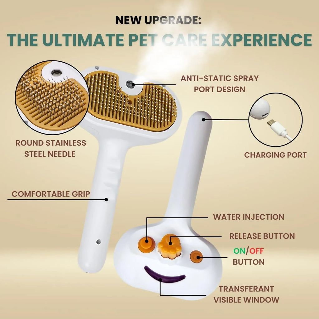White pet steam grooming brush with gentle steel teeth and built-in water tank for dogs and cats