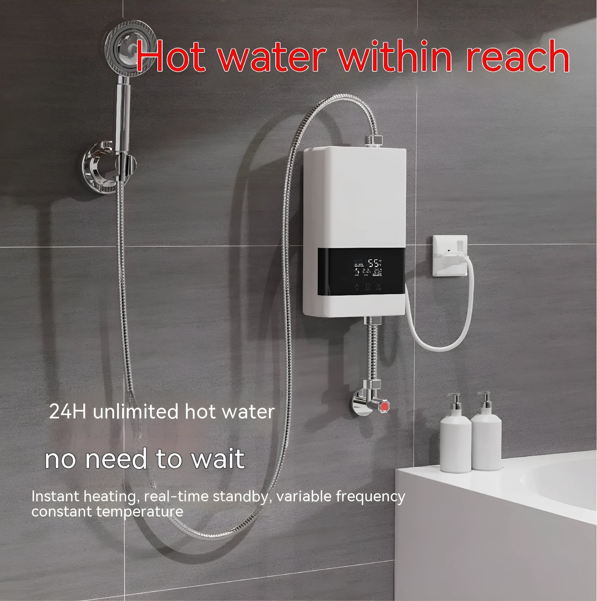 Constant temperature instant water heater with LED touch screen display and remote control in gold finish.