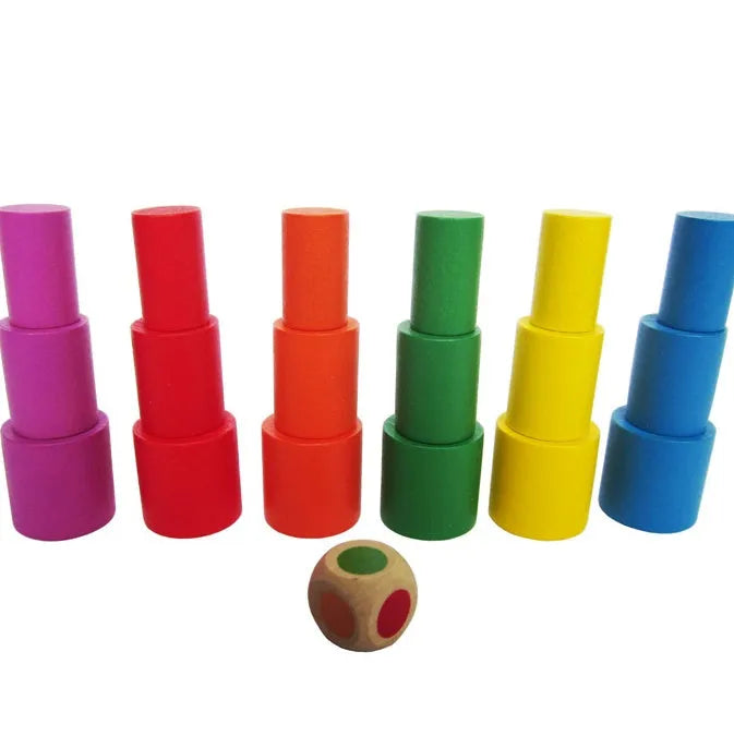 Wooden moon balance game with yellow and blue pieces for children 2-4 years old