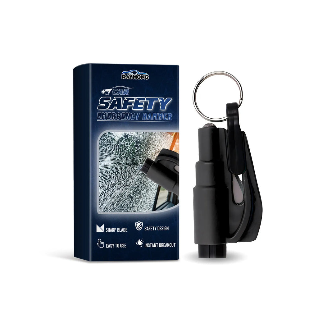 Compact car emergency safety hammer for breaking glass and cutting seatbelts measuring 3.5 by 7.5 centimetres