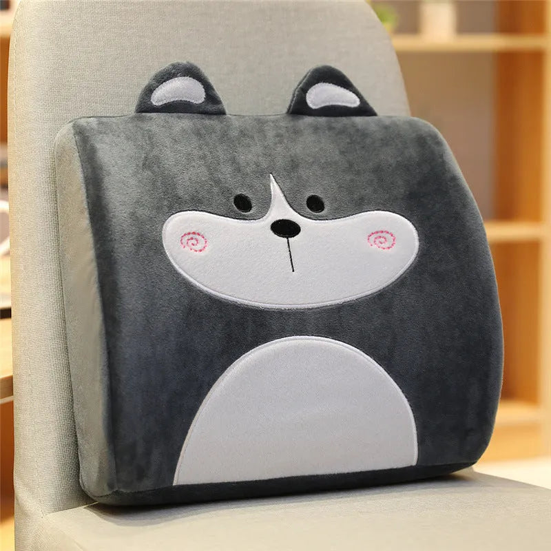 Colourful cartoon memory foam cushion for car seat, showing embroidered husky design and removable inner core.