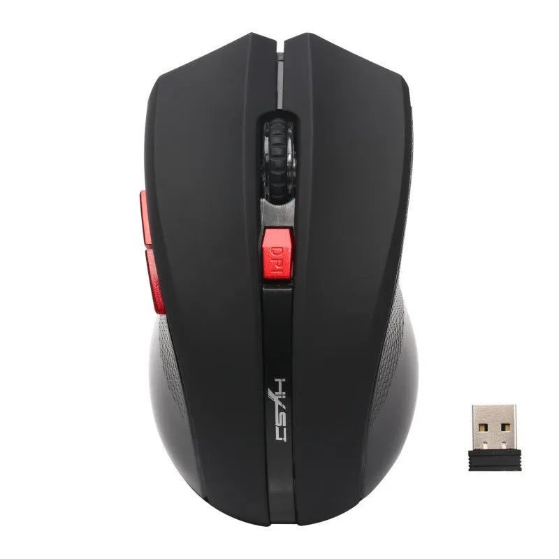 Wireless 2.4G optical mouse in black with ergonomic design and scroll wheel for laptop office use