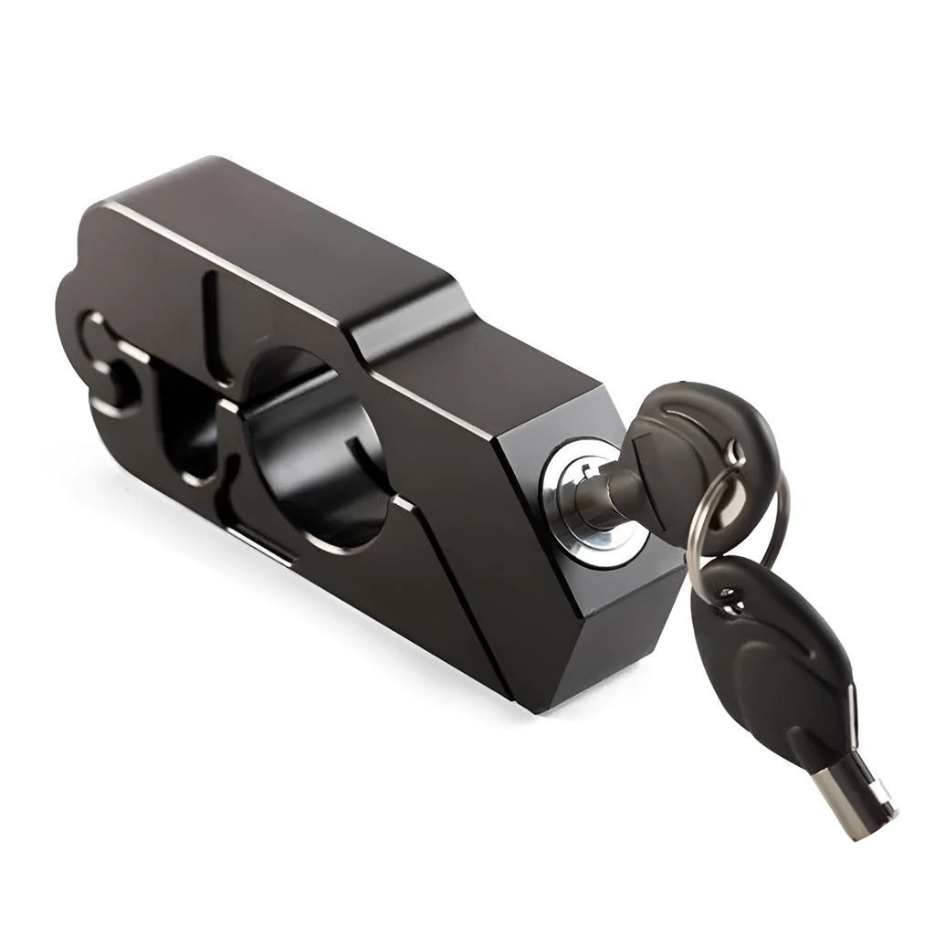 Black motorcycle handlebar lock with CNC aluminium body and stainless steel wire attached to brake lever