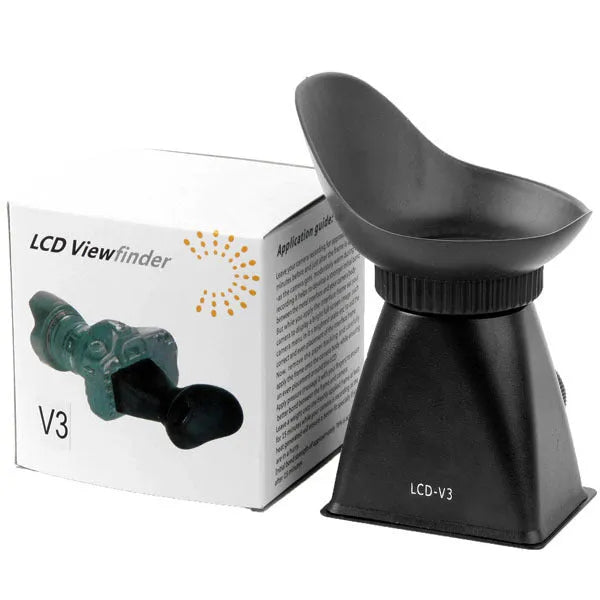 Black camera LCD viewfinder magnifier attached to a DSLR, showing 180-degree rotation.