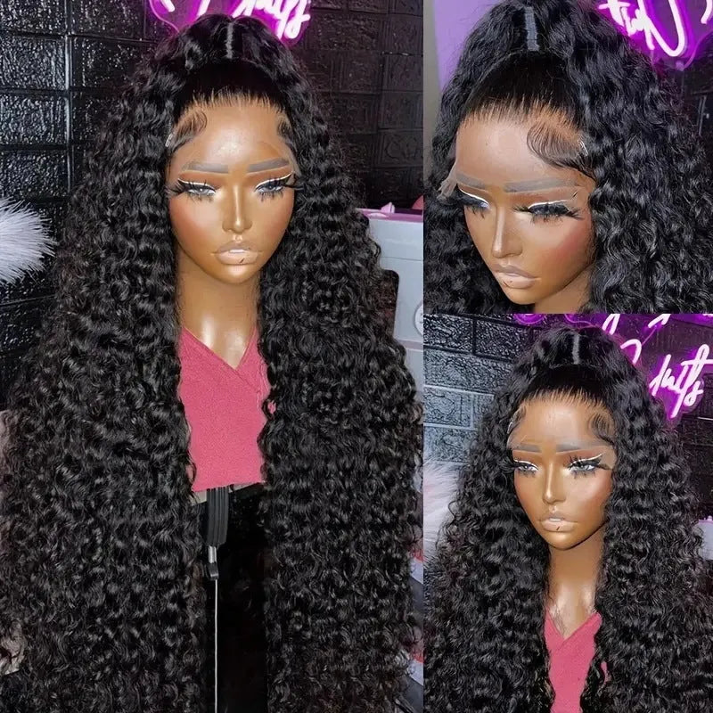 Front lace synthetic wig in black with long curly hair and side bangs, natural look