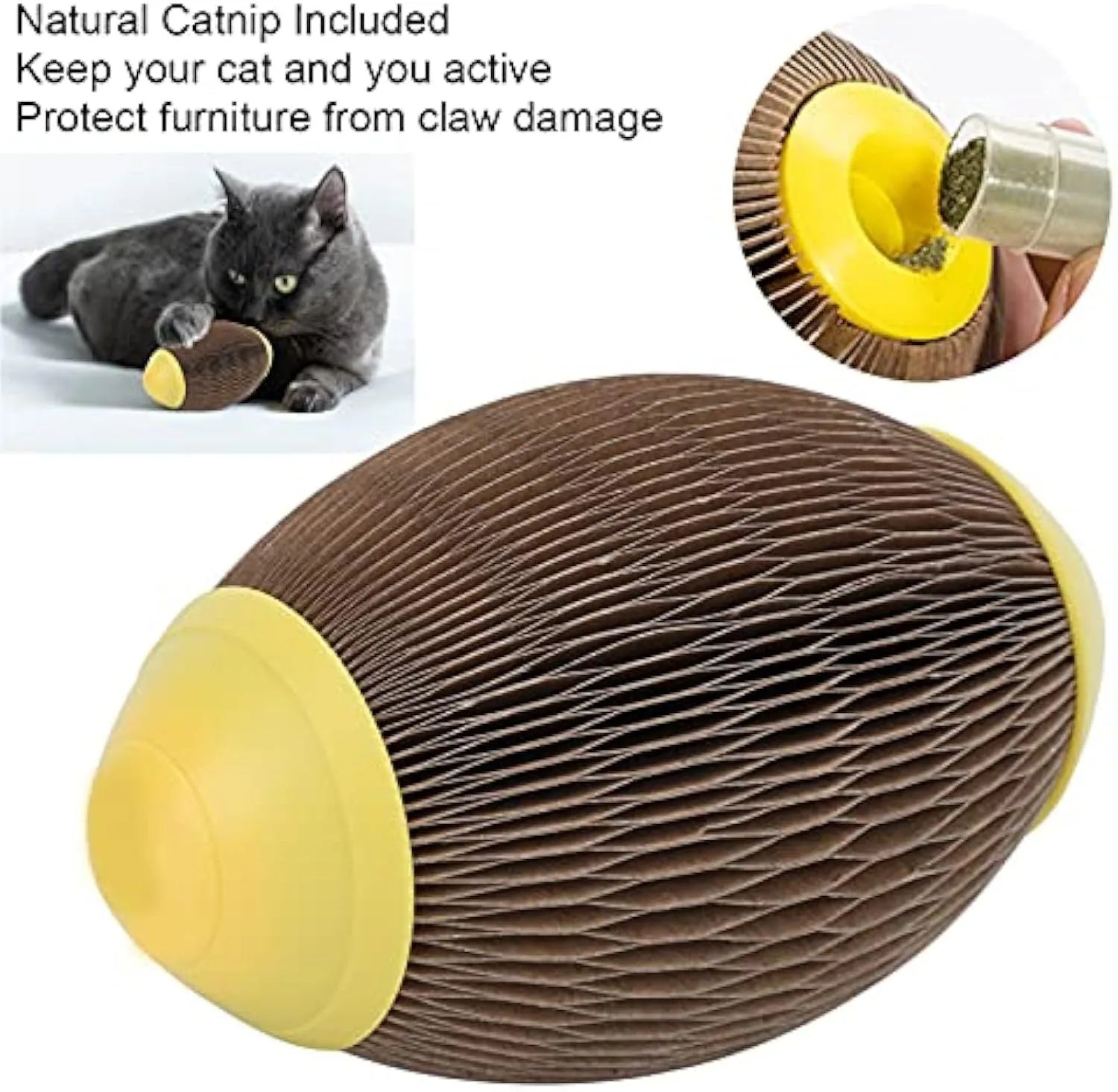Elliptical corrugated paper catnip ball toy for scratching and play.