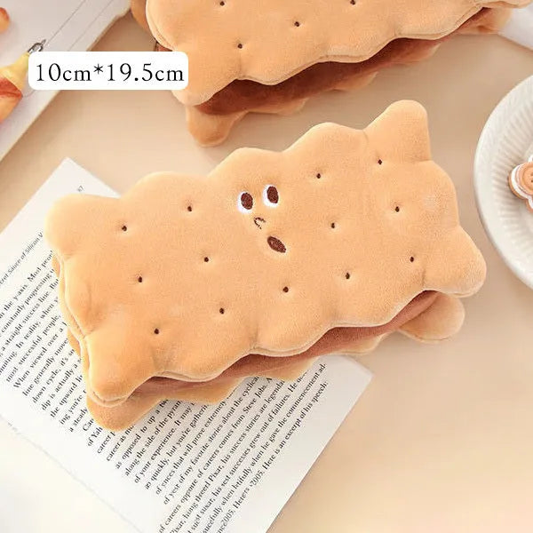 Sandwich biscuit plush pencil bag in plush material with cartoon design, suitable for school stationery storage