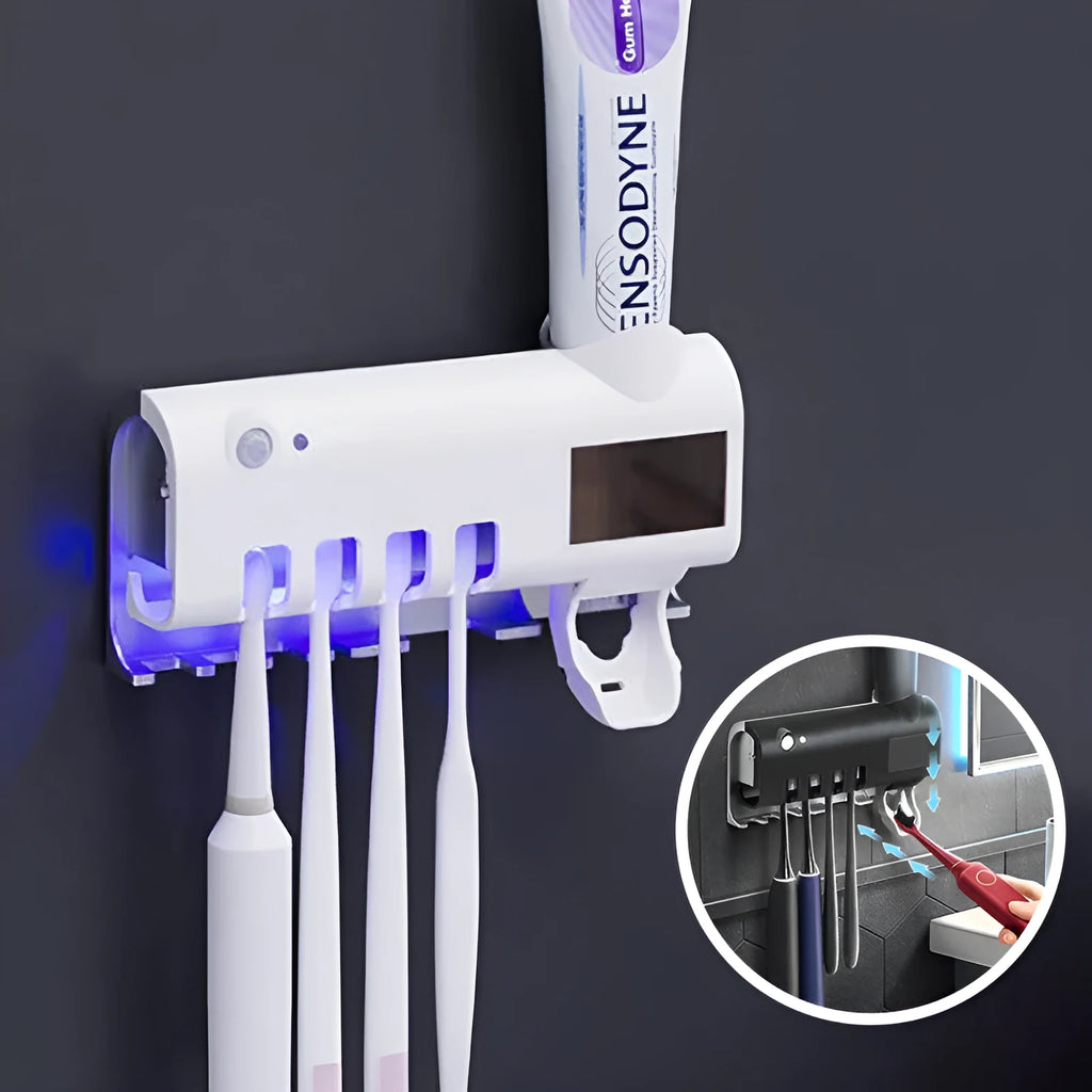Black wall-mounted UV toothbrush steriliser with automatic toothpaste squeezer and solar panel