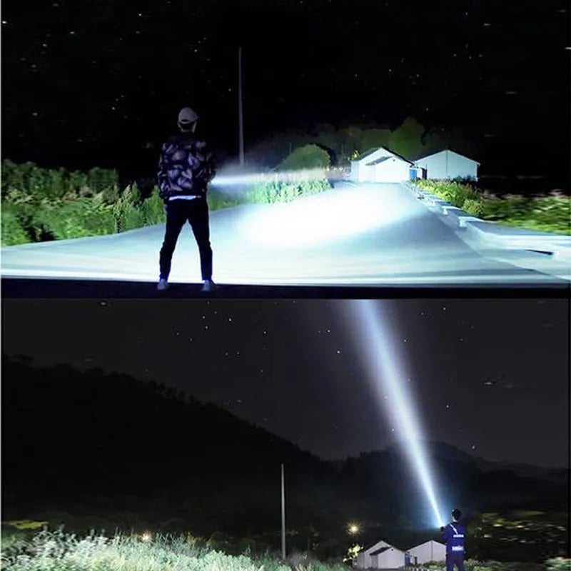 Black aluminium XHP90 LED tactical flashlight with push switch and charging port.
