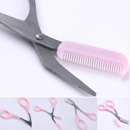Pink eyebrow scissors and eyebrow comb set for brow shaping and grooming