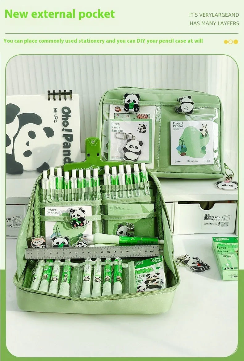 Green Korean style panda pencil case with 12 layers for large capacity stationery storage