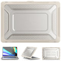MacBook laptop protective hard shell case shown in cool black, starry sky grey, elegant apricot, and sapphire blue colour options.