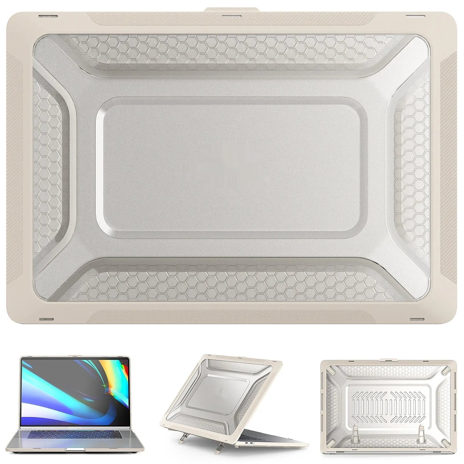 MacBook laptop protective hard shell case shown in cool black, starry sky grey, elegant apricot, and sapphire blue colour options.