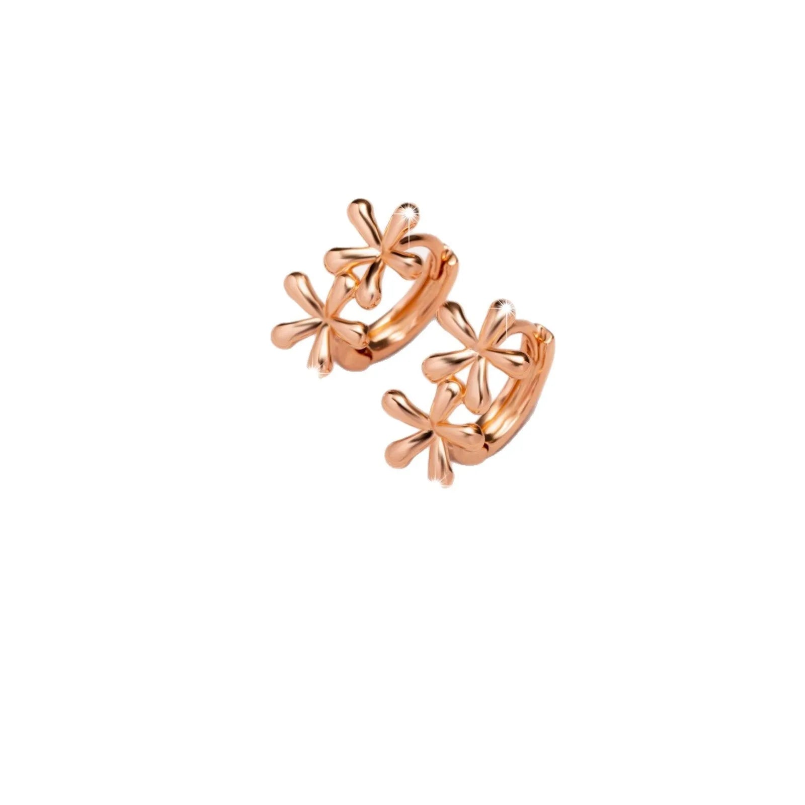 Silver rose gold electroplated circular waterdrop flower earrings with butterfly backs on a grey background.