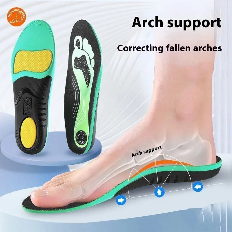 Blue and green PU foam flat foot correction insoles for arch support, shown with size markings.