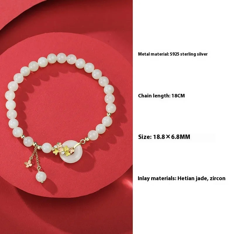 S925 sterling silver bracelet with natural Hetian jade beads and peace buckle closure