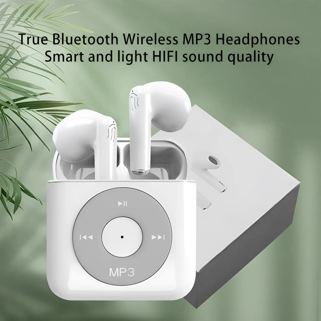 White wireless Bluetooth earphones and matching charging case with 32GB storage on a grey background.