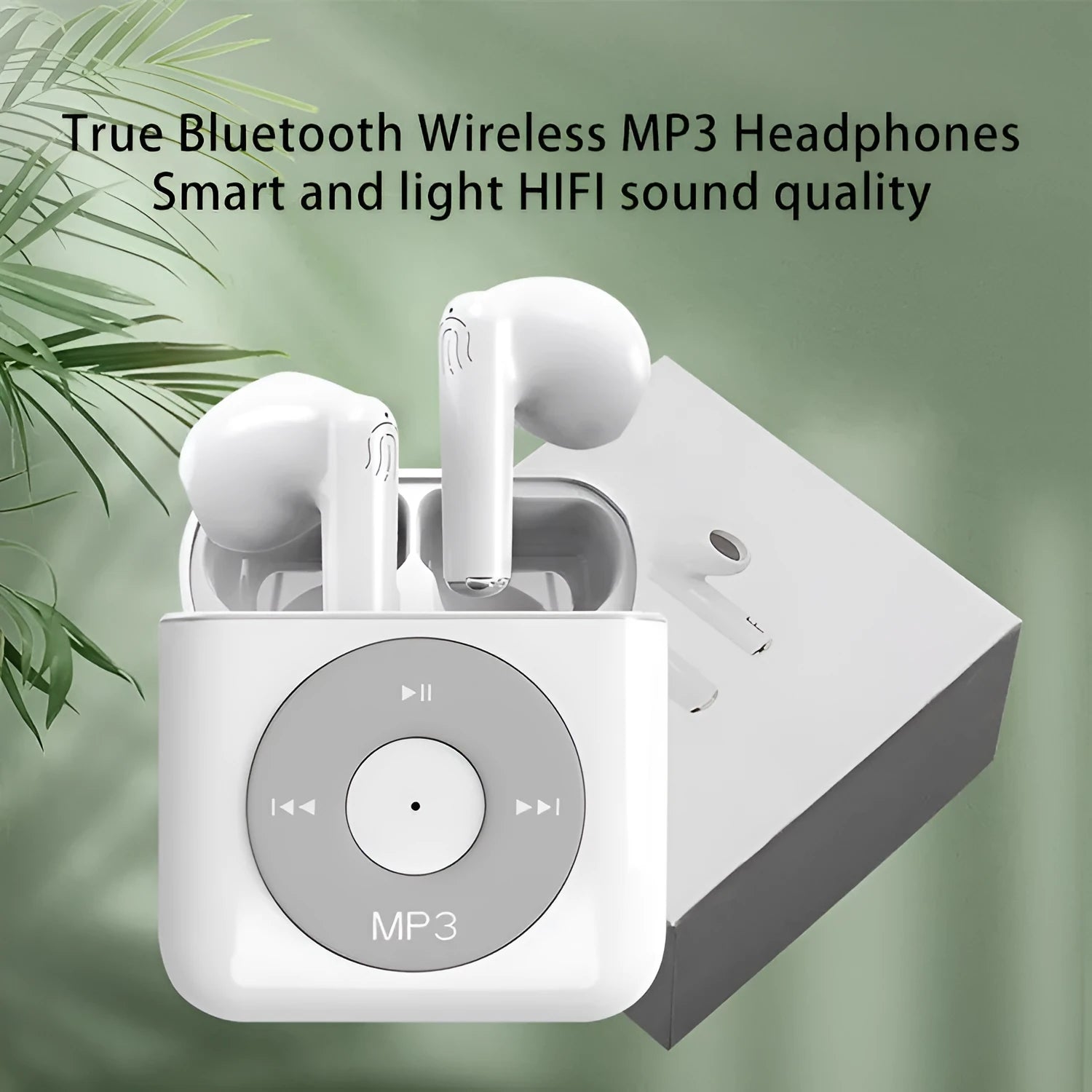 White wireless Bluetooth earphones and matching charging case with 32GB storage on a grey background.