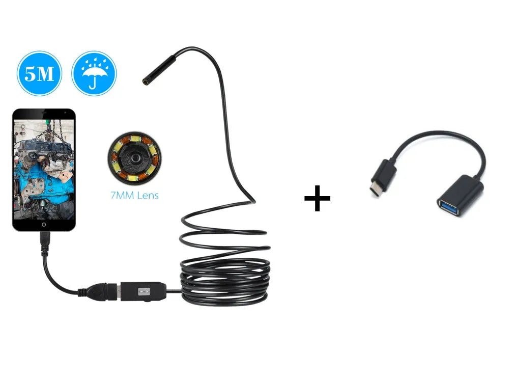 OWSOO USB endoscope camera with 5m cable, 6 LEDs, and hook/magnet attachments for phone and computer inspection.