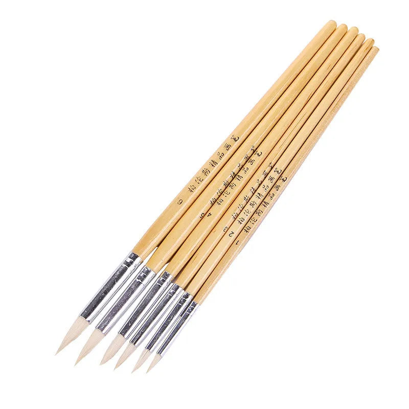 Set of six wooden-handled wool pointed hook line pen brushes for detailed art and calligraphy.