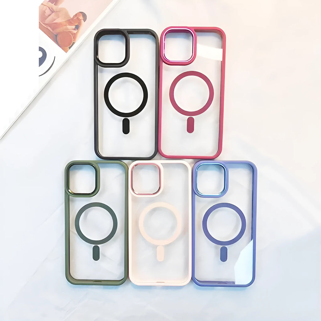 Clear magnetic silicone phone case for iPhone showing MagSafe ring and raised screen bezel