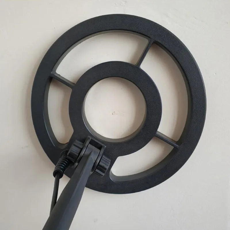 GC1028 black and yellow metal detector with LCD screen and adjustable pole, showing waterproof search coil.