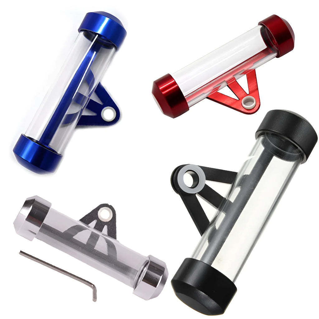 Aluminium motorcycle tax bill tube 115mm length in black, blue, red, and silver for paper licence plate storage