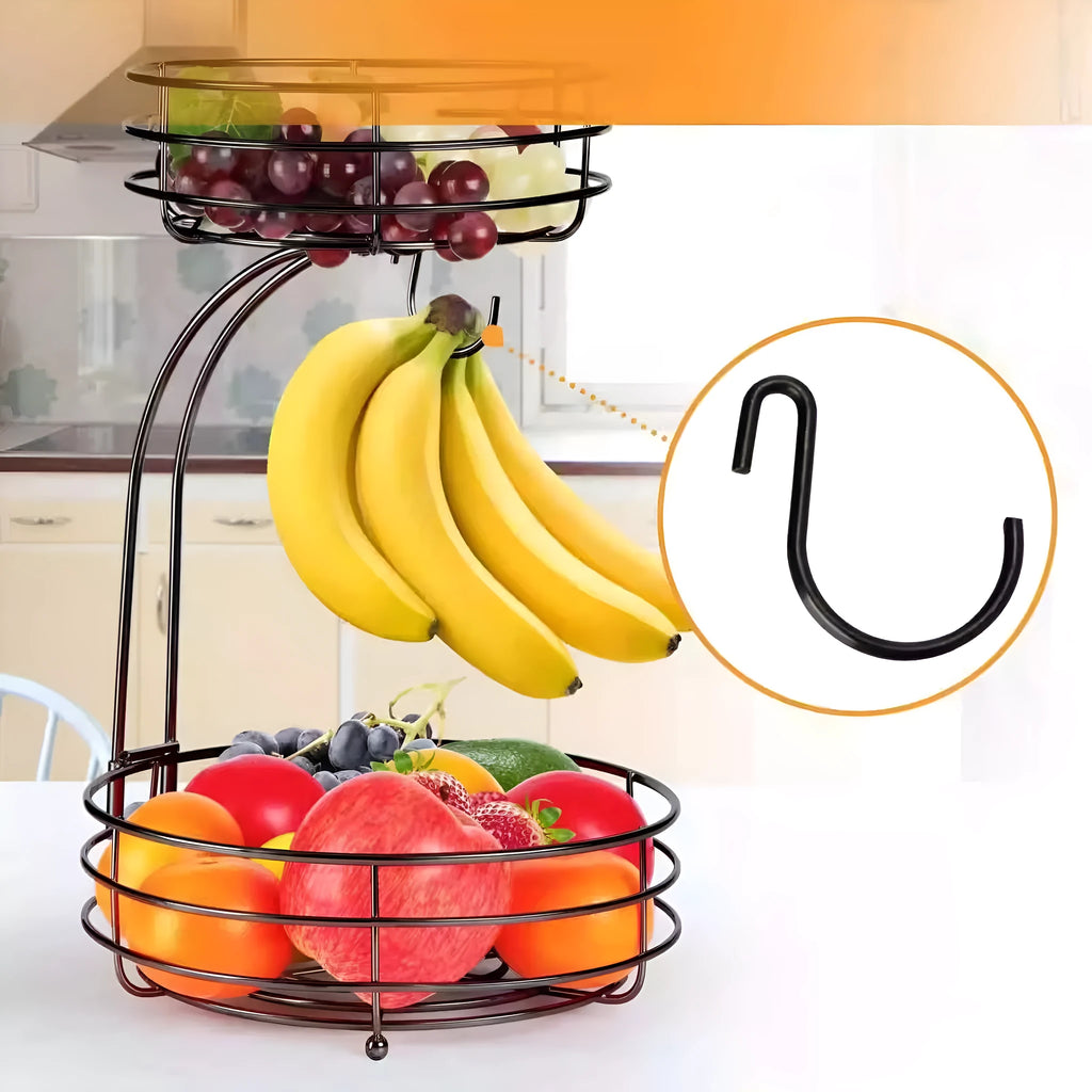 Black wrought iron double-layer fruit basket with two storage tiers.