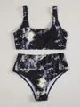 Marble tie-dye print women's high-waisted U-neck bikini swimwear set on a neutral background.